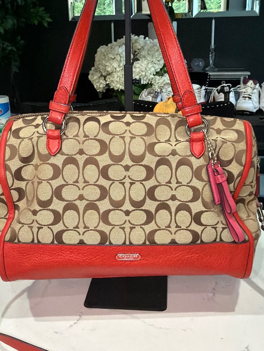 Coach Park Beige Signature KT Canvas Satchel with Red Trim